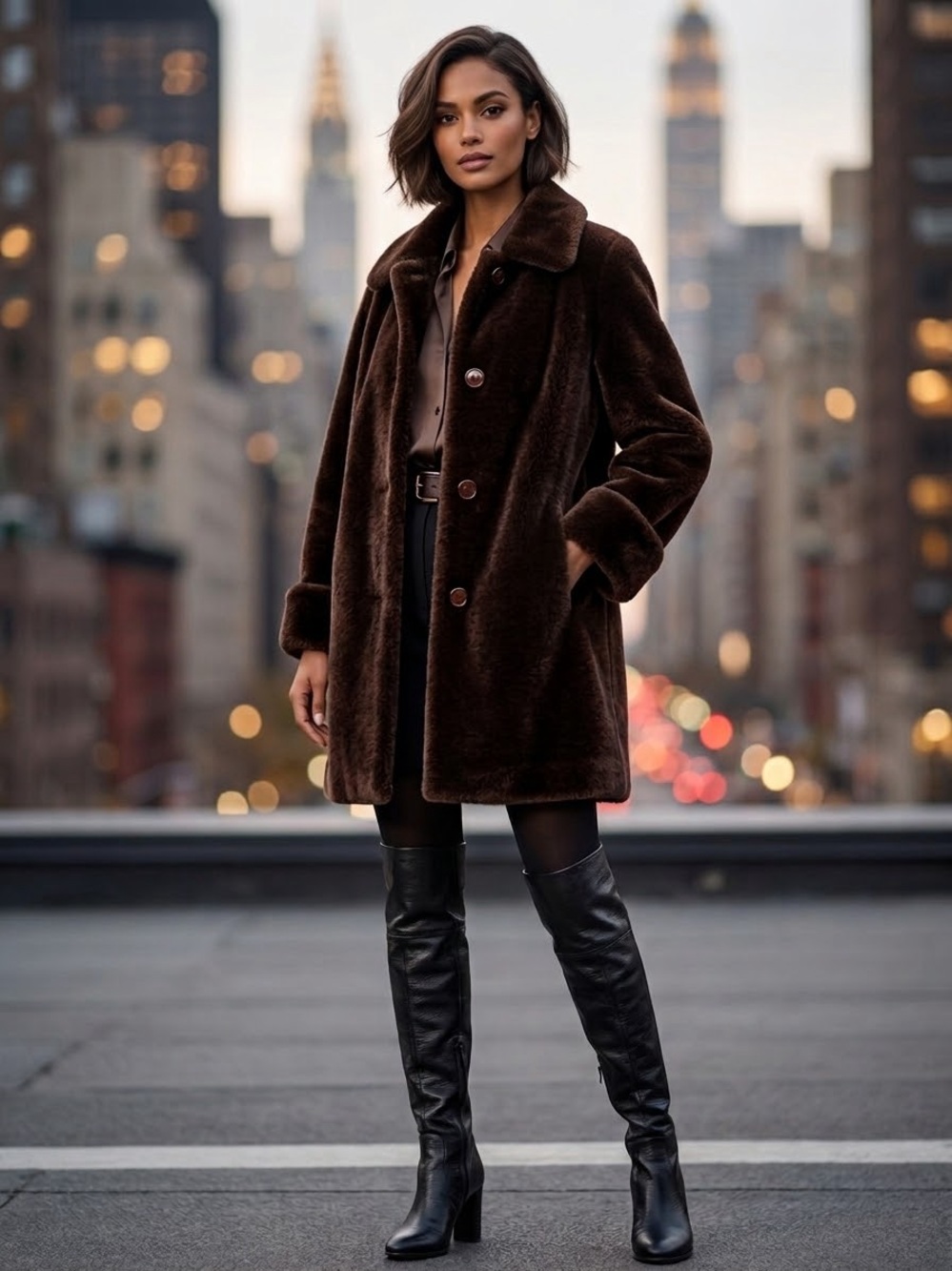 Bernardo Arctic River Plush Knee Length Faux Fur Coat in Dark Kodiak Brown sz XL